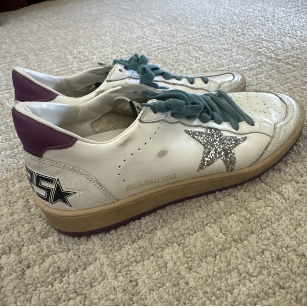 Golden Goose White Sneakers with Silver Star and Purple Accents